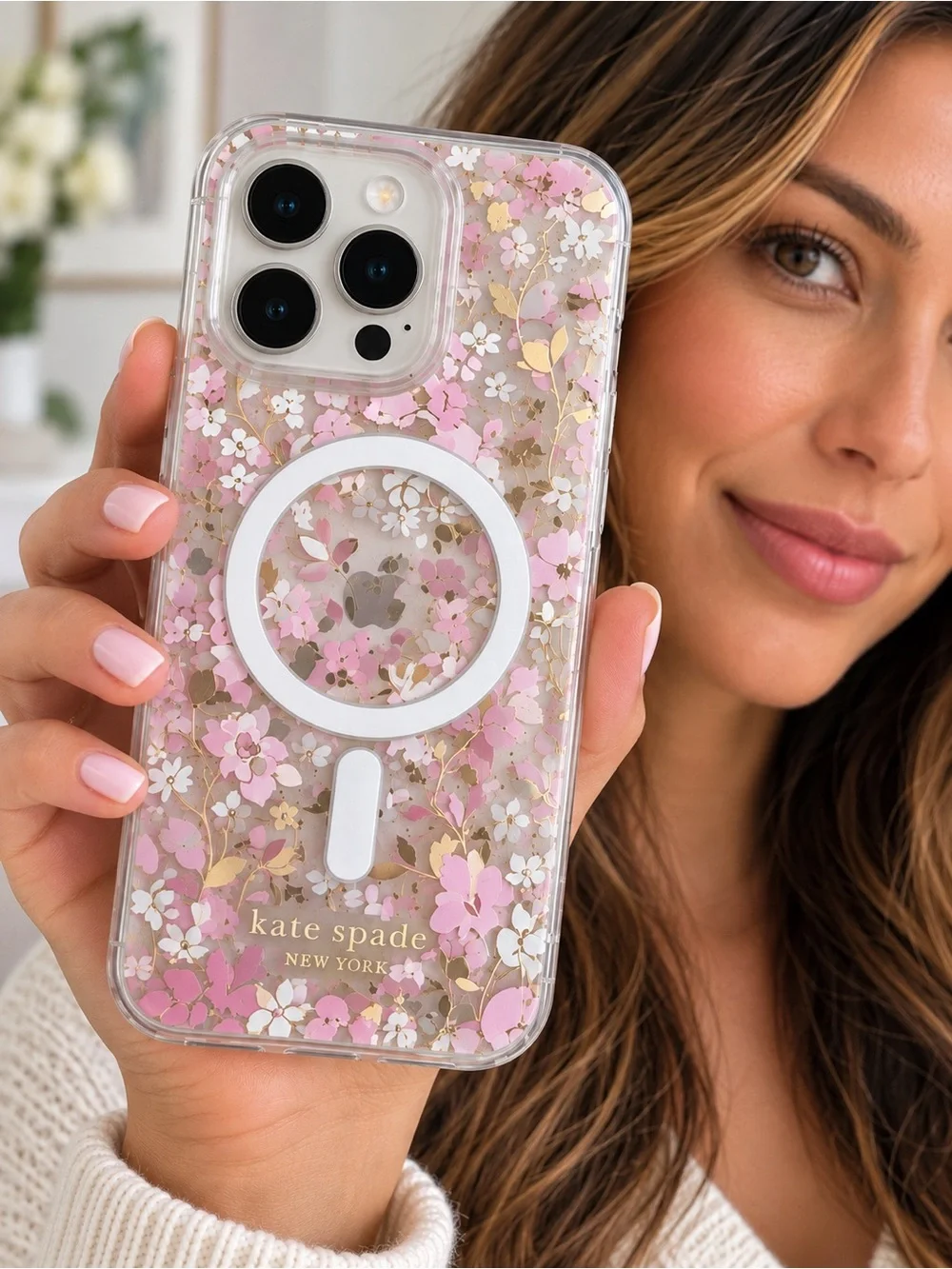 NWOT Kate Spade Floral MagSafe iPhone 15 Pro Case Pink Gold Clear